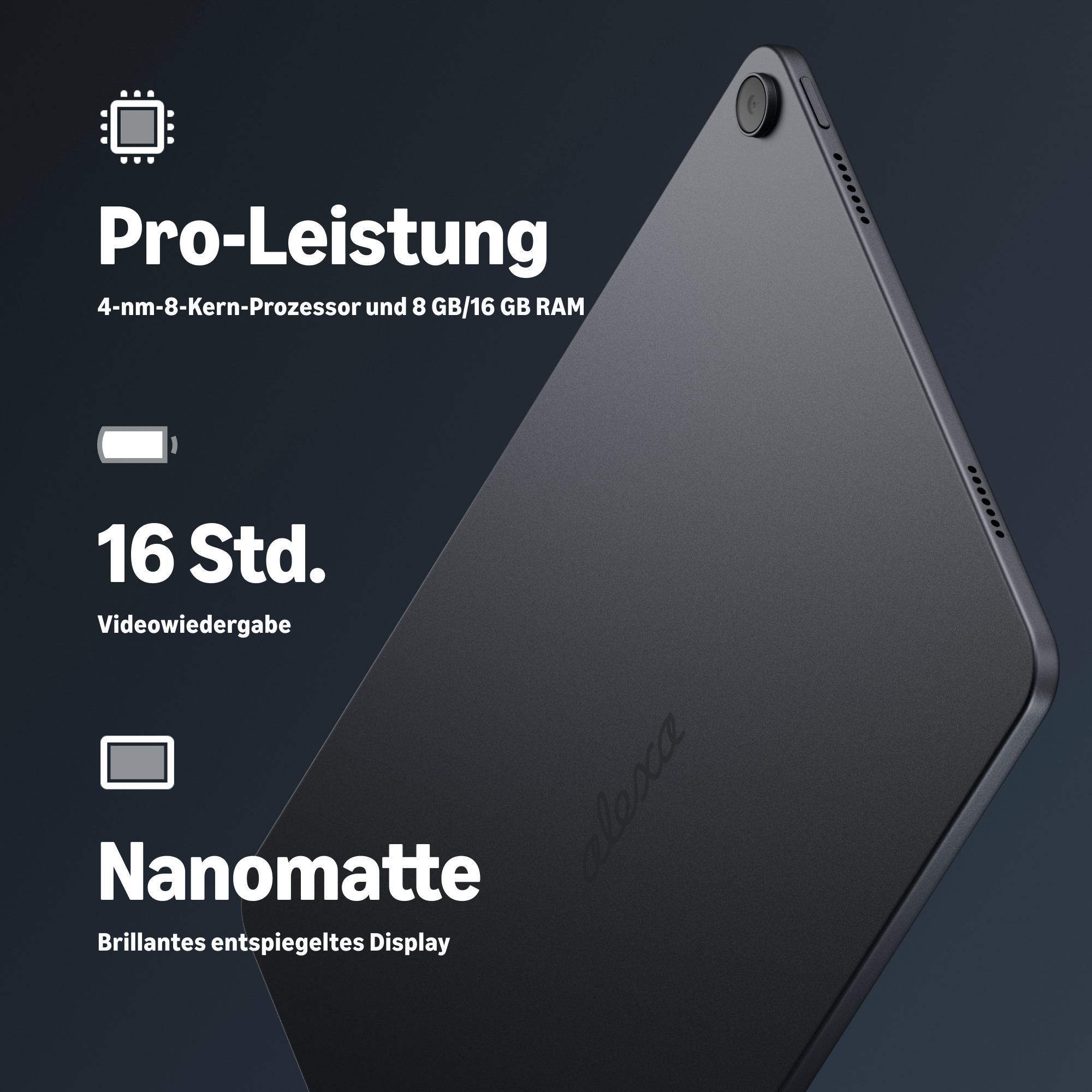 Dunkles Tablet mit Text zu Prozessor, Akkulaufzeit und Display.