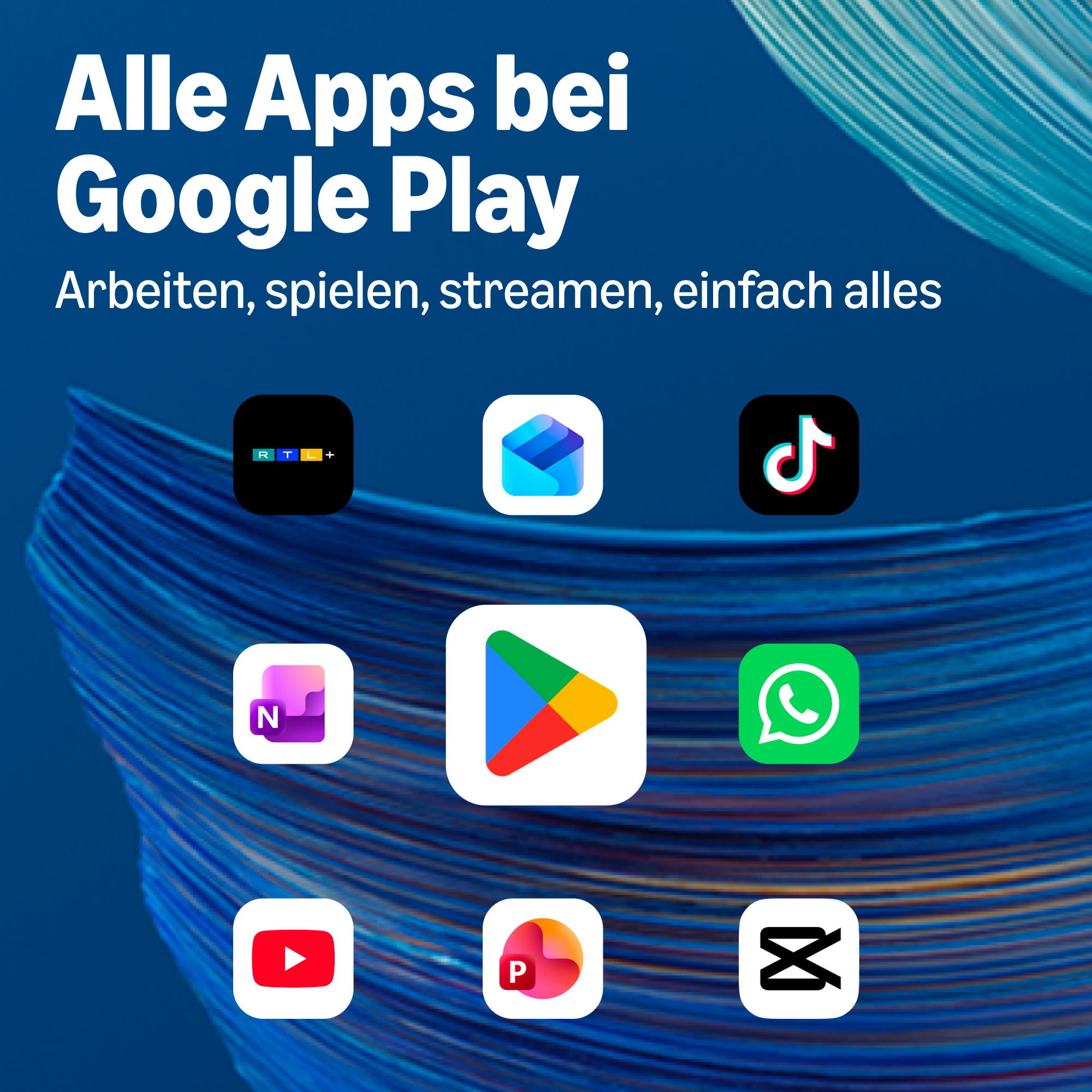 Google-Play-Promo mit deutschem Text und App-Icons auf blauem Hintergrund.