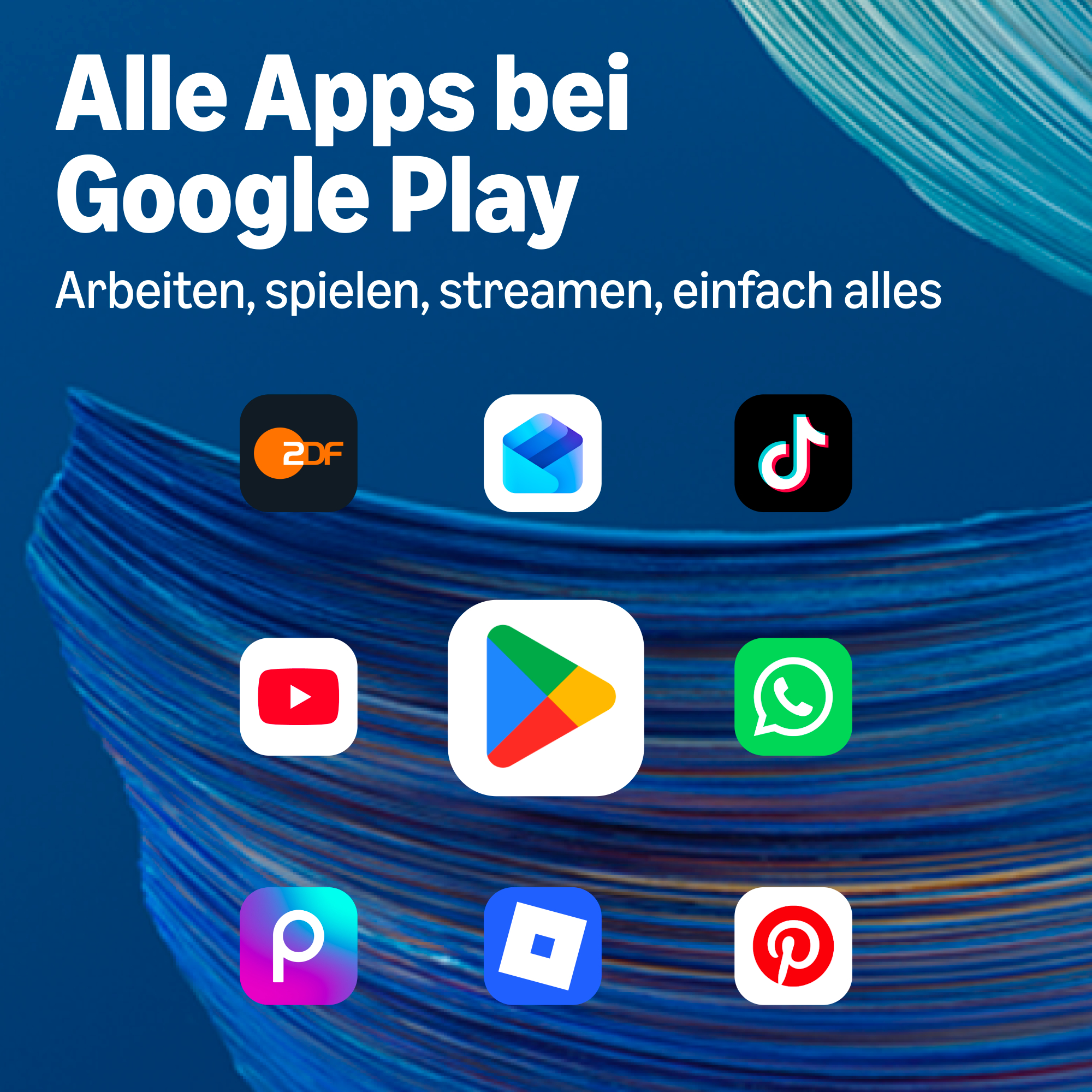 Google Play Werbebanner mit verschiedenen App-Logos auf blauem Hintergrund.