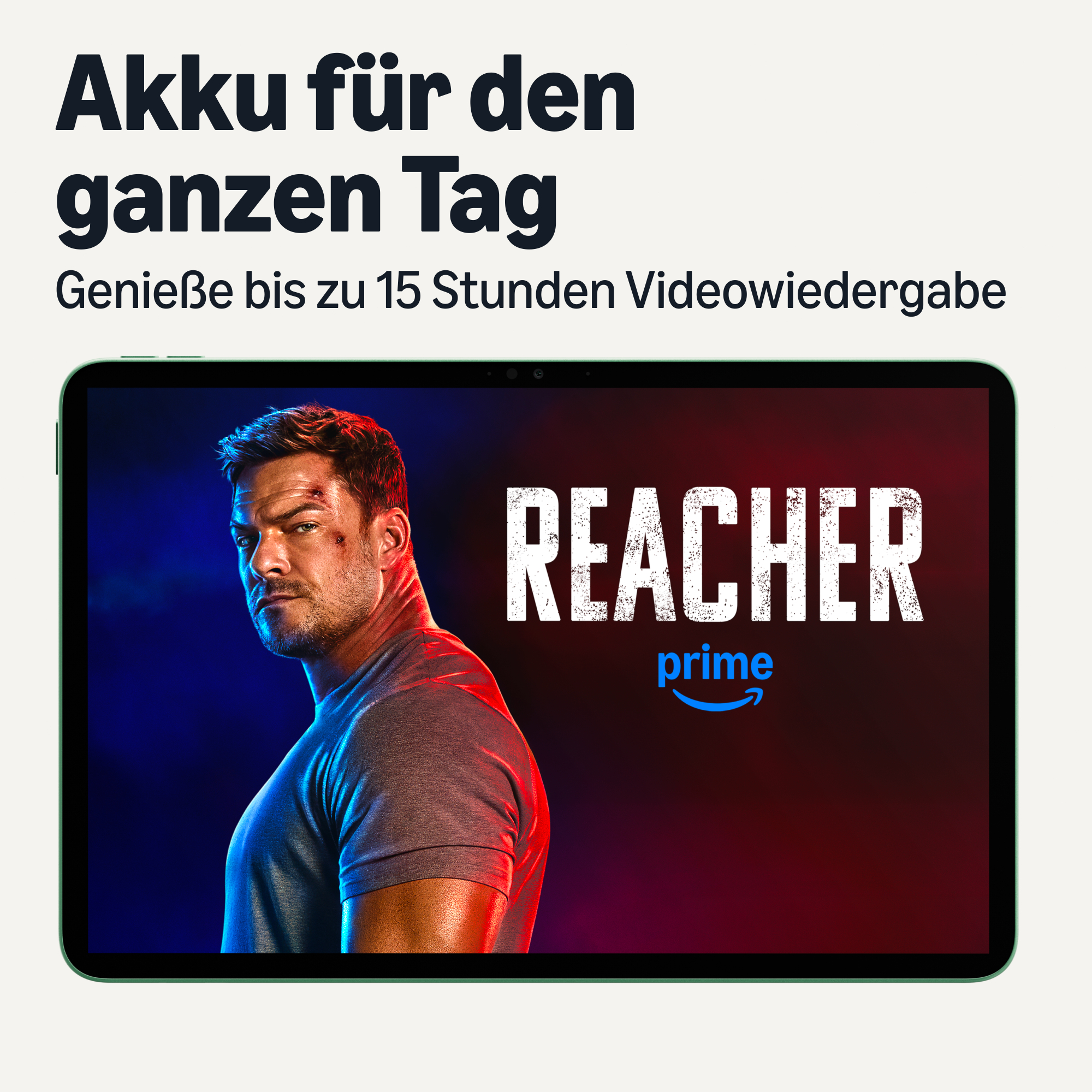 Ein grünes Tablet zeigt einen Mann auf dem Bildschirm mit dem Text Reacher und deutscher Werbung.