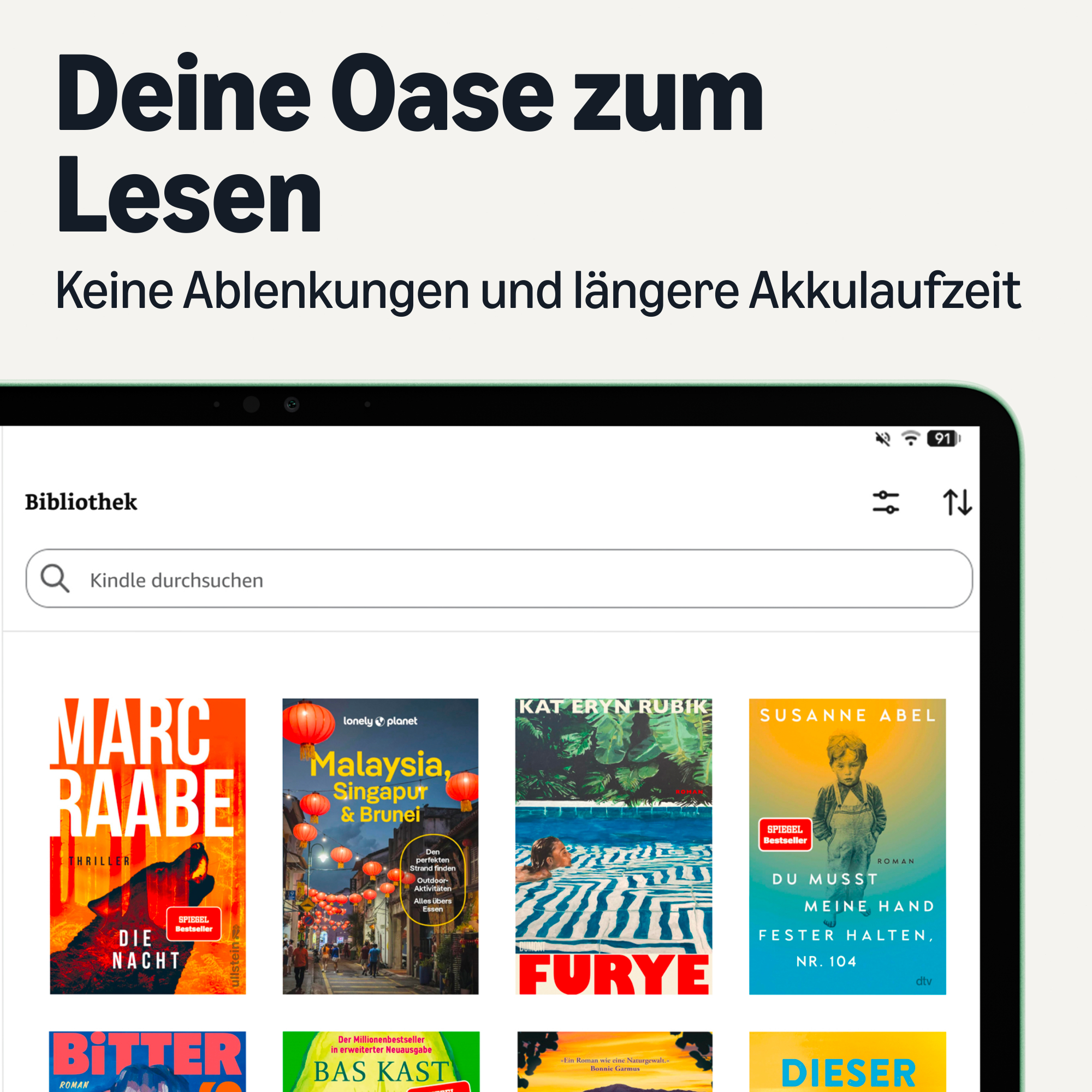 E-Reader-Bildschirm mit der Bibliotheksansicht und vier verschiedenen Buchcovern in einer Zeile.