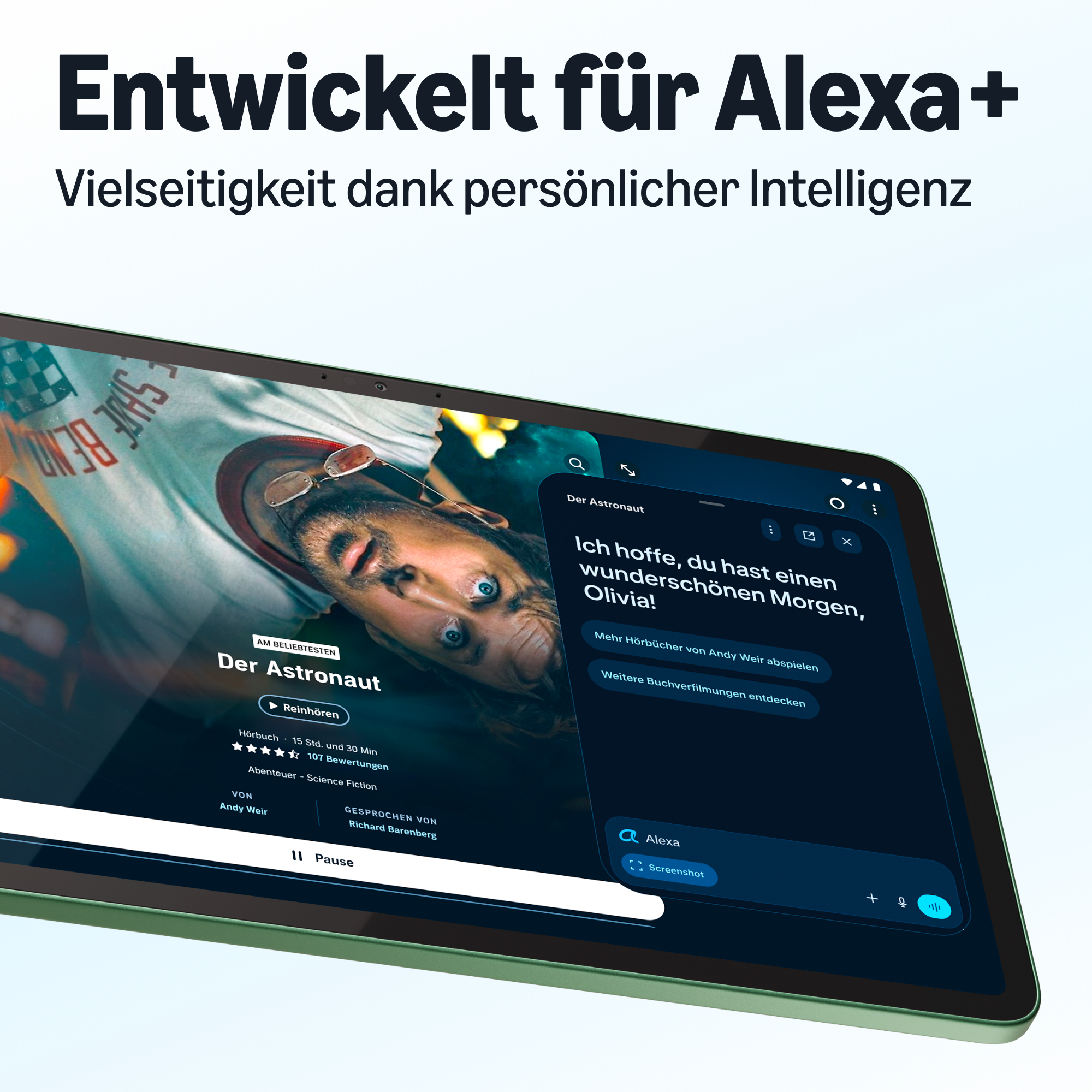 Tablet zeigt Alexa-Oberfläche und Hörbuch 'Der Astronaut' auf dem Bildschirm.