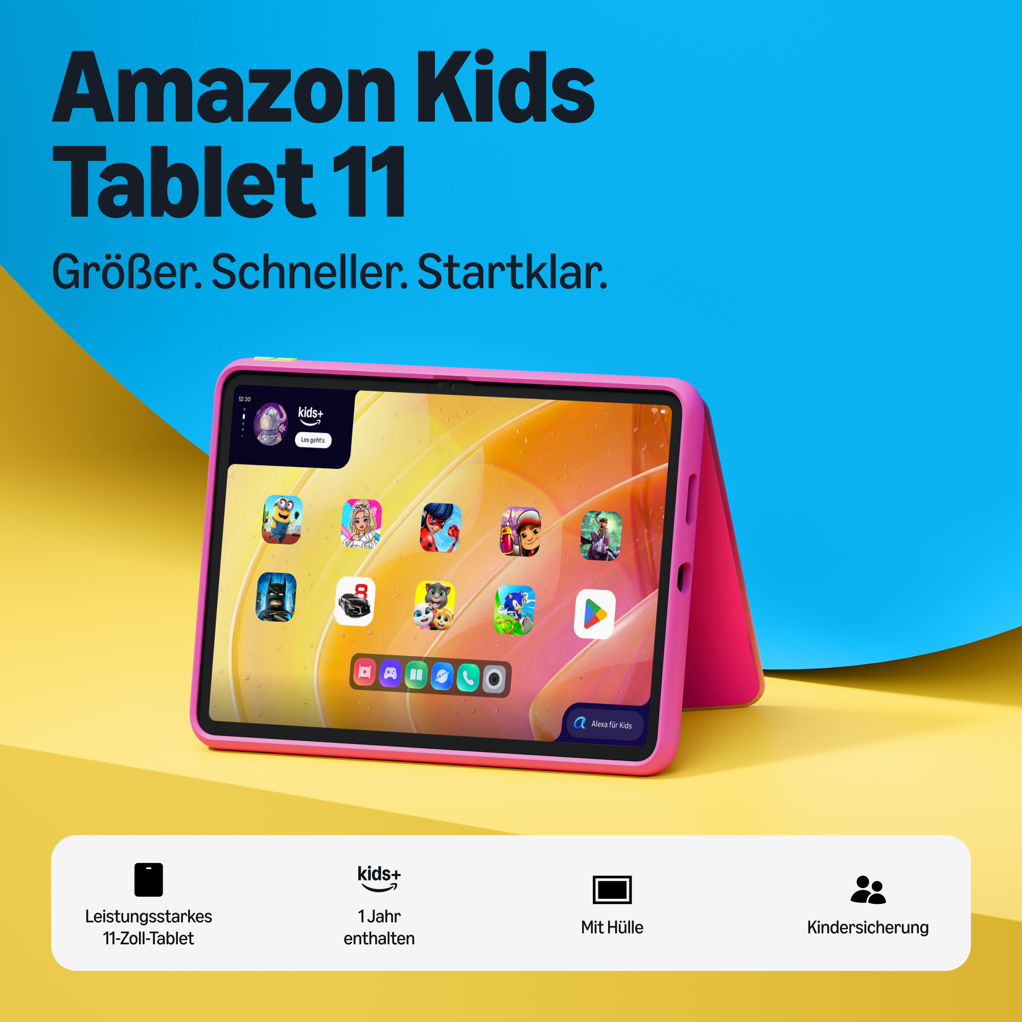 Ein rosafarbenes Amazon Kids Tablet 11 auf gelbem und blauem Hintergrund mit Symbolen für Funktionen.