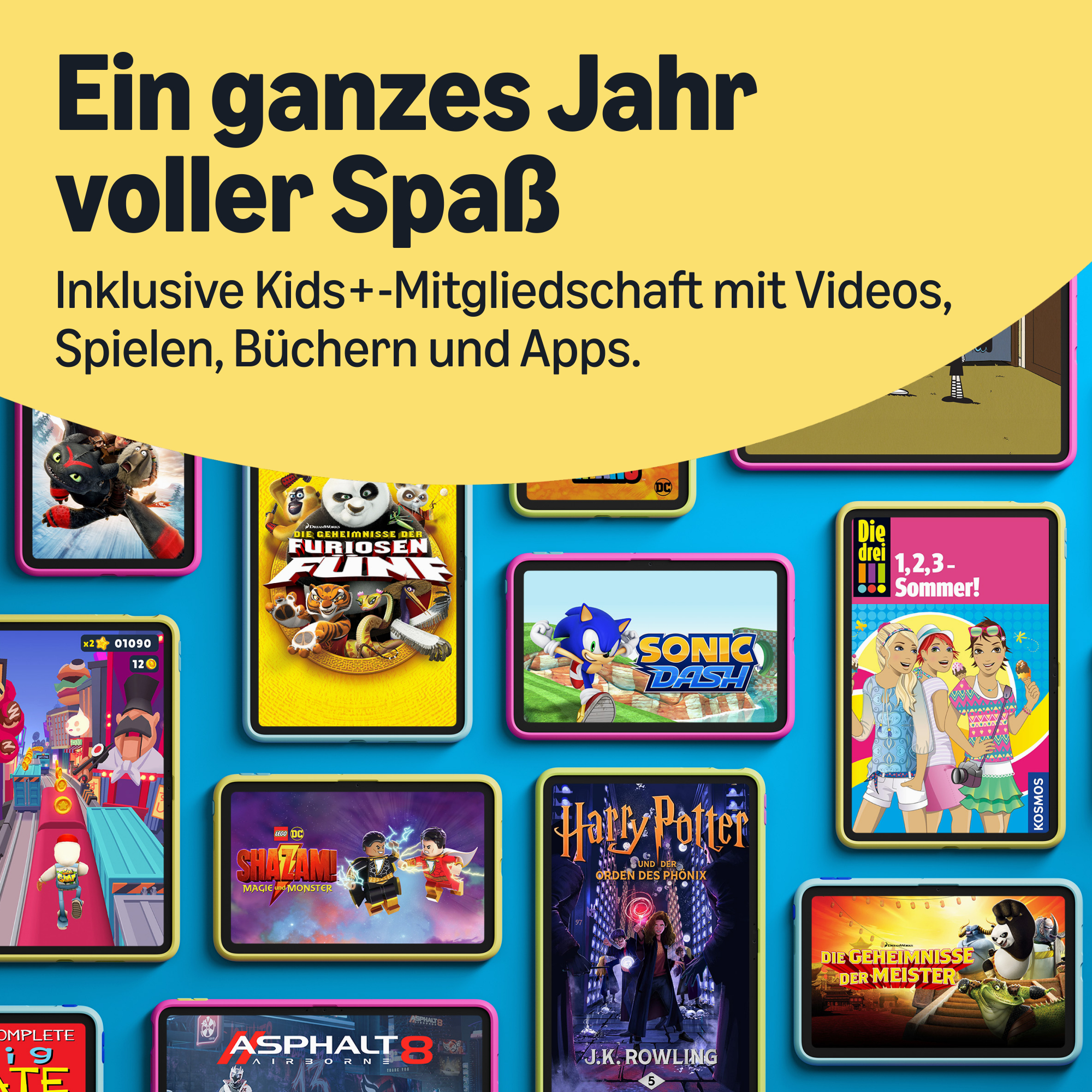 Viele Tablets mit bunten Kinder-Apps, Spielen und Büchern vor blauem Hintergrund.