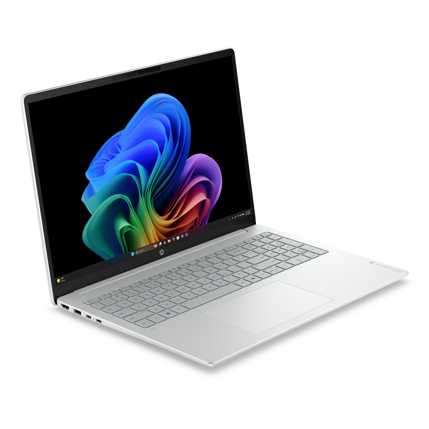 Una laptop plateada con fondo de pantalla colorido sobre fondo blanco.