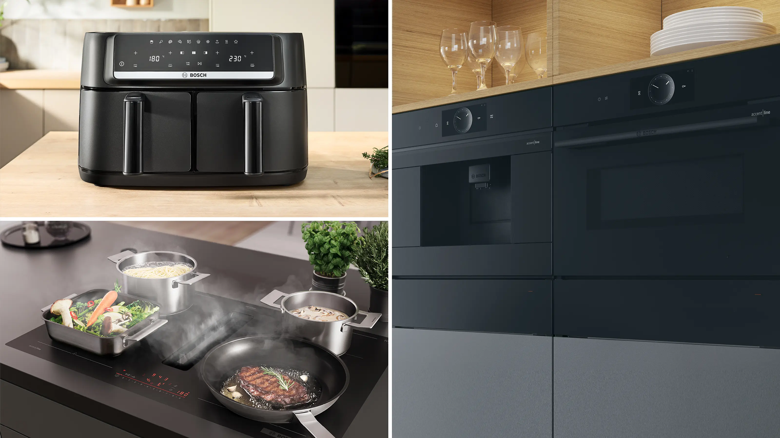 Modern Bosch konyhai gépek: egy forrólevegős fritőz, egy elszívós indukciós főzőlap és sütők.