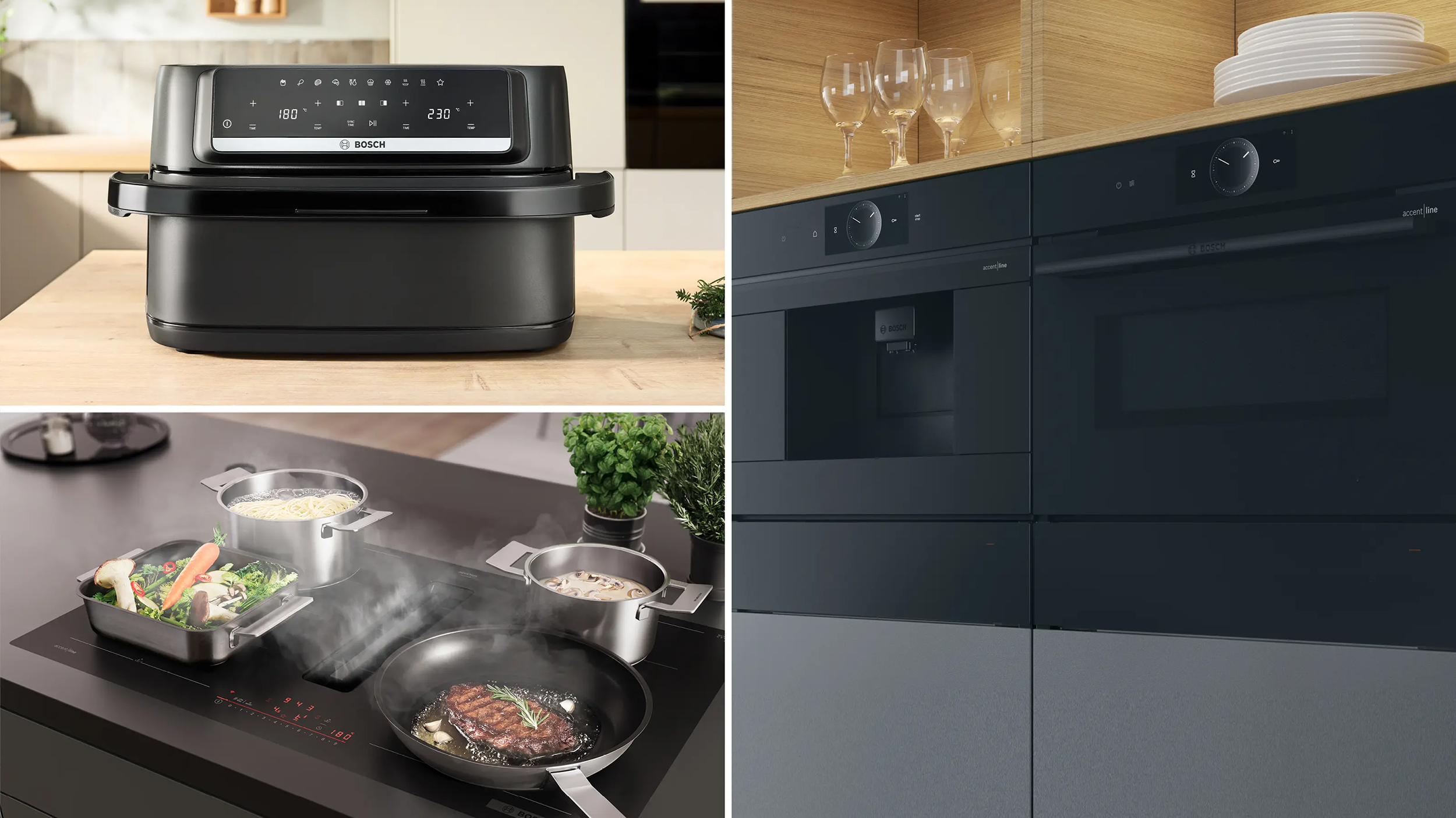 Modern Bosch konyhai gépek: légsütő, indukciós főzőlap elszívóval és fekete beépíthető sütők.