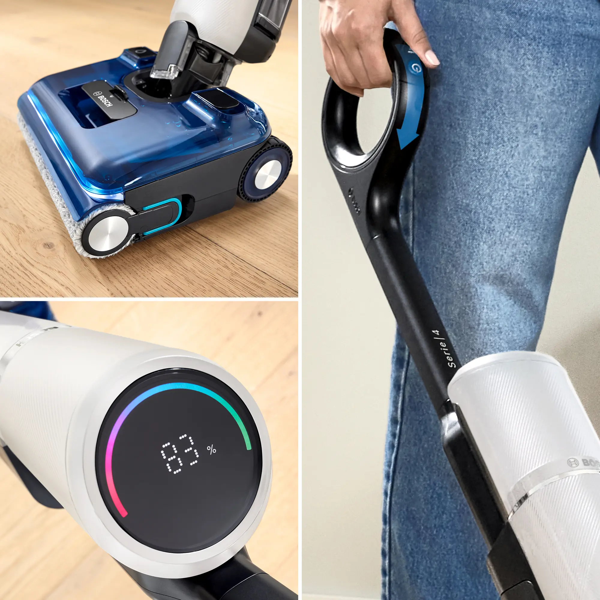 Egy Bosch padlótisztító fán, kék víztartállyal, 83 százalékos digitális kijelzővel és ergonomikus fogantyúval.