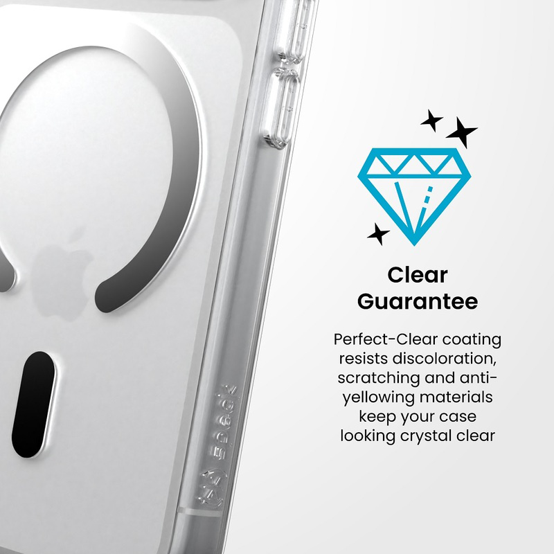 Átlátszó telefontok Clear Guarantee felirattal és kék gyémánt ikonnal.