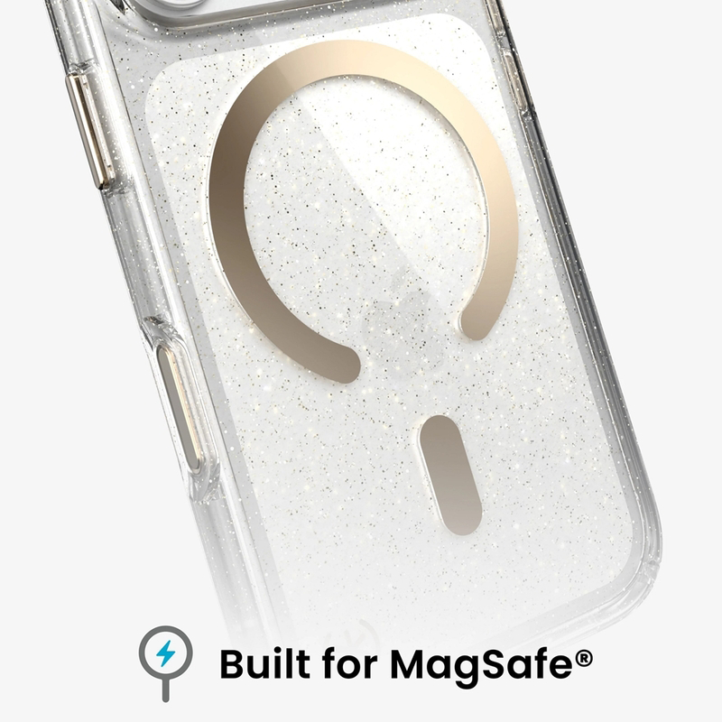 Átlátszó telefontok csillogással és arany MagSafe gyűrűvel.