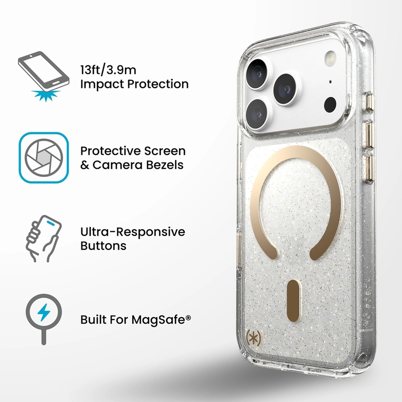 Átlátszó MagSafe telefontok arany gyűrűvel és védőfunkciókkal.