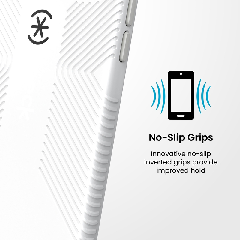 Fehér telefontok csúszásgátló markolattal és logóval, mellette kék hullámos ikon és No-Slip Grips felirat.