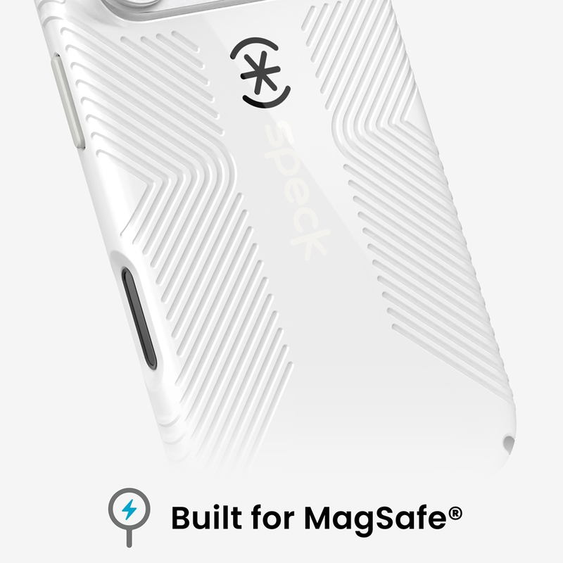 Fehér Speck okostelefontok barázdált mintával és Built for MagSafe felirattal.