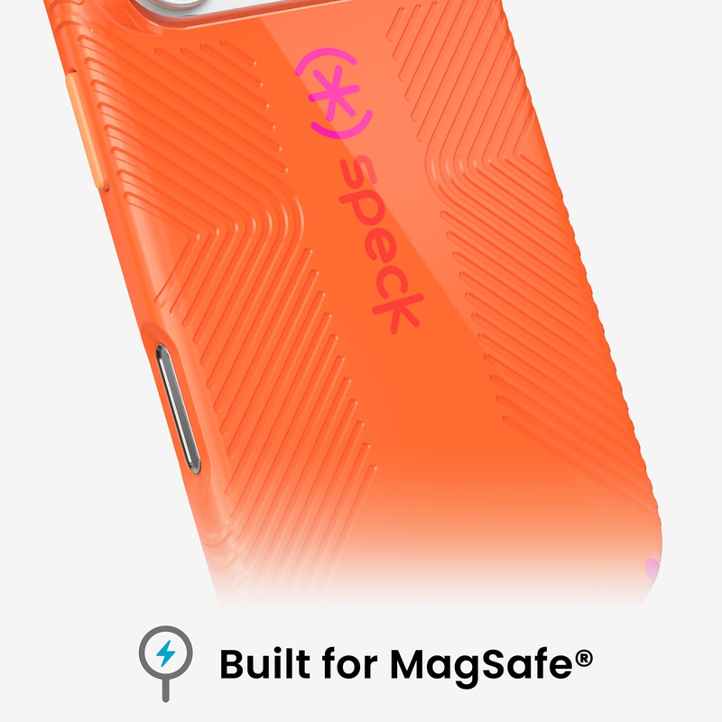 Egy élénk narancssárga Speck telefontok átlós bordákkal és beépített MagSafe logóval.