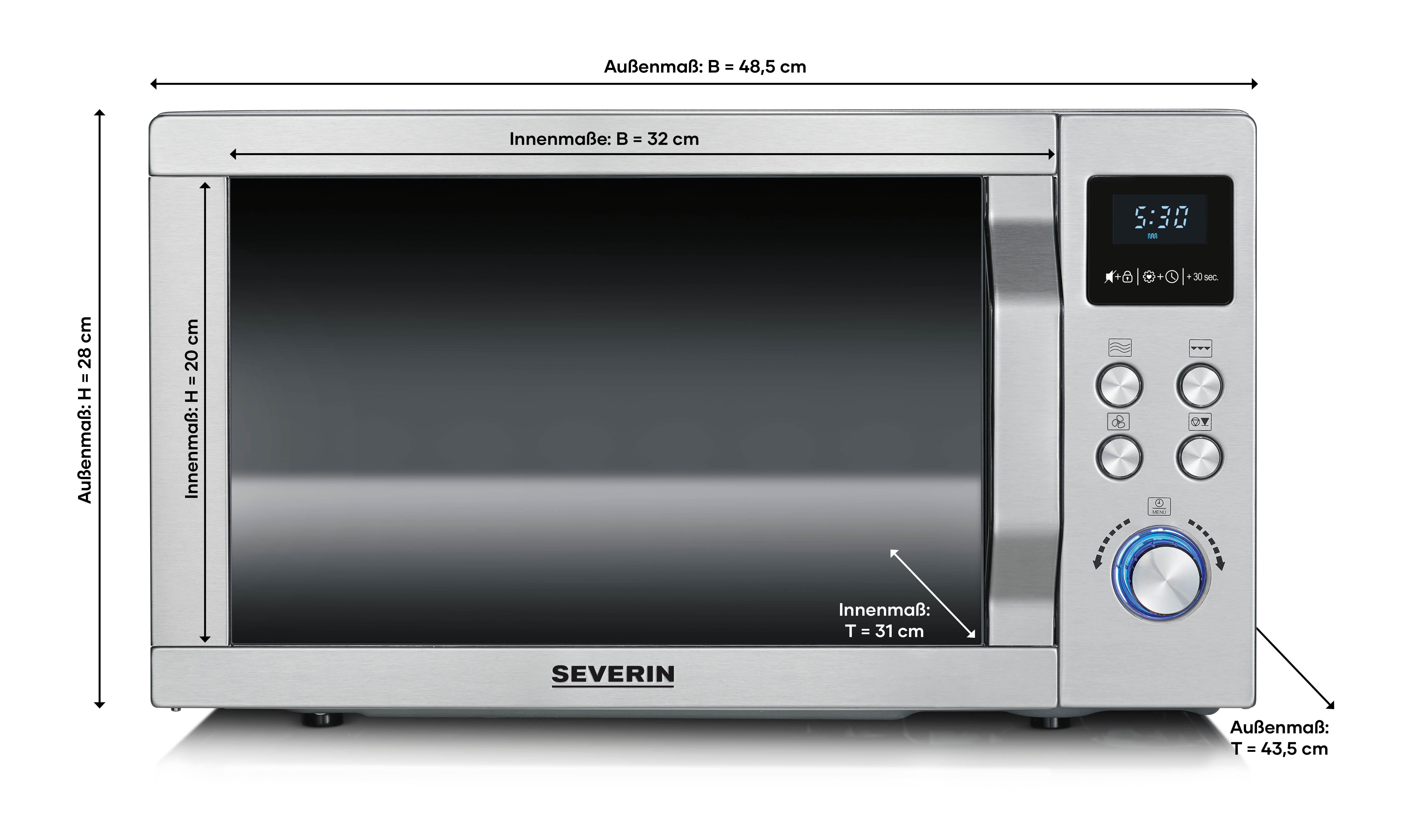 Silberne Severin Mikrowelle mit digitalem Display, Tasten und Maßangaben.