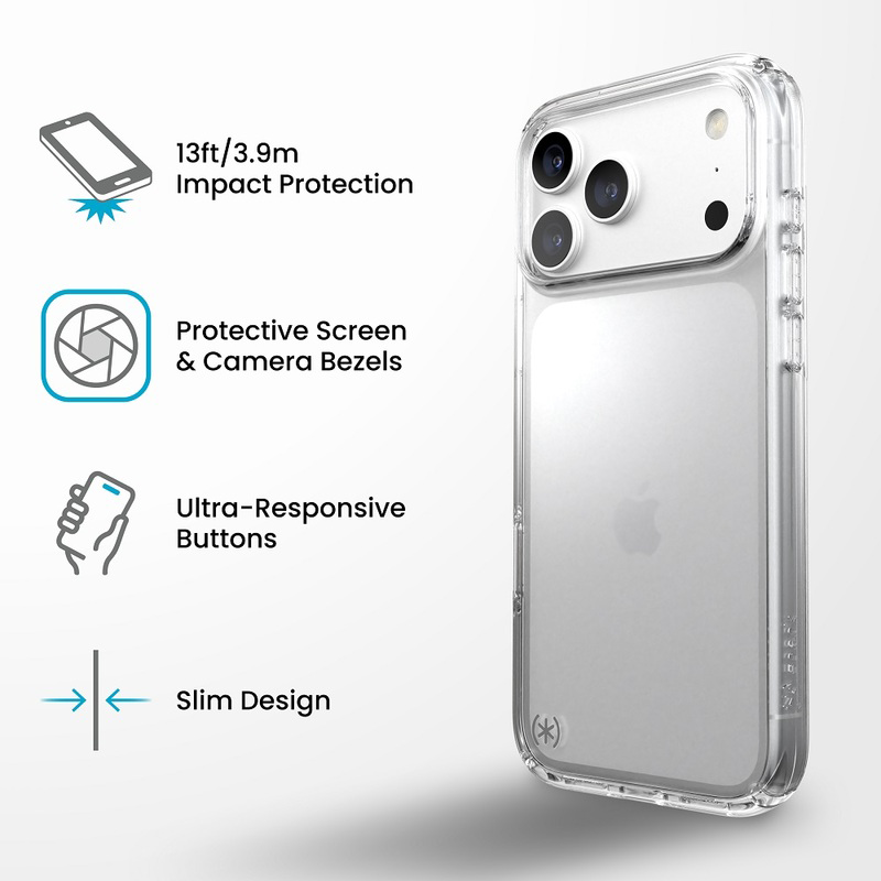 Egy átlátszó iPhone tok jobbra, négy funkció ikonnal és szöveggel balra, amelyek bemutatják az előnyeit.