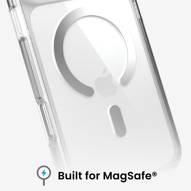 Átlátszó iPhone tok MagSafe gyűrűvel és mágnessel a hátoldalán, fehér háttér előtt.