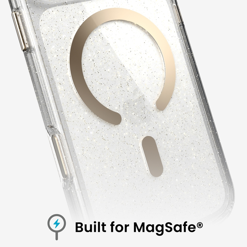 Átlátszó telefontok arany csillogással és MagSafe mágneses gyűrűvel fehér háttér előtt.