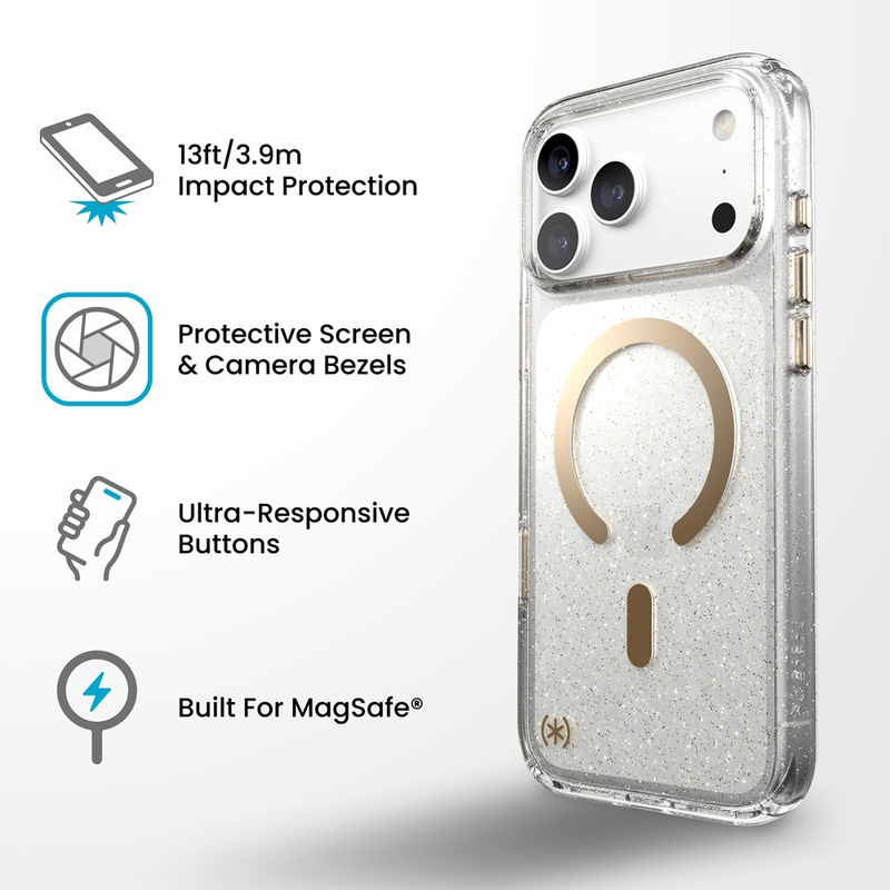Átlátszó, csillámos telefontok MagSafe funkcióval és négy magyarázó ikonnal.