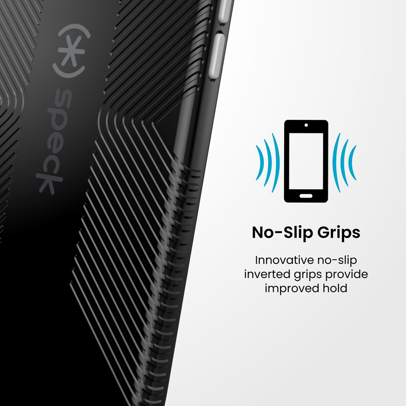 Fekete telefontok bordázott mintával és 'No-Slip Grips' szöveggel.