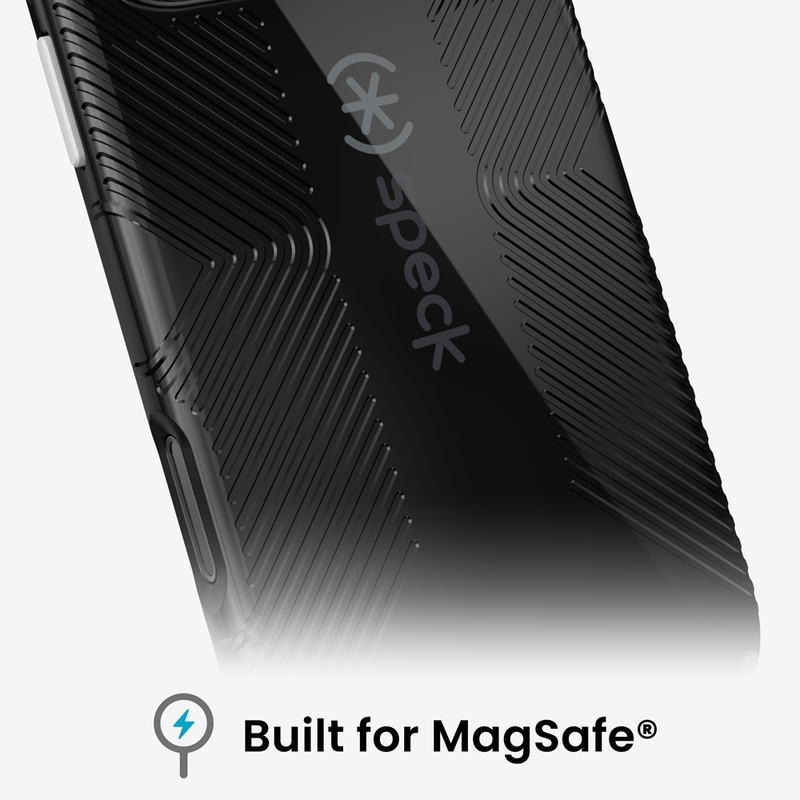 Fekete Speck telefontok barázdált mintákkal és a Built for MagSafe felirattal alul.