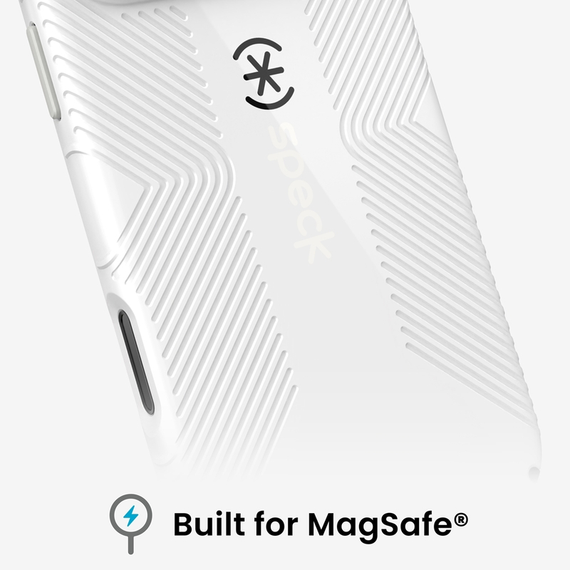 Fehér telefontok bordázott mintával, Speck logóval és Built for MagSafe felirattal.