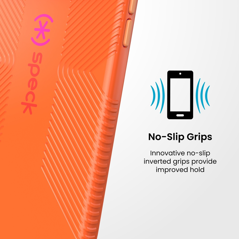 Narancssárga telefontok csúszásmentes barázdákkal és No-Slip Grips felirattal fehér alapon.