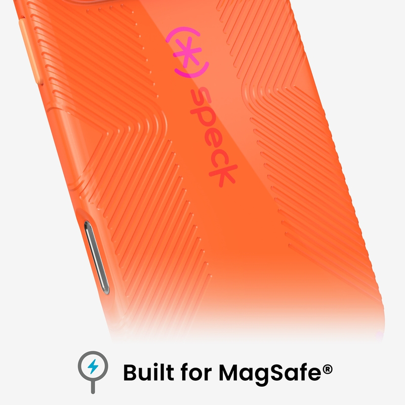 Egy élénk narancssárga telefonborító rózsaszín Speck logóval és texturált barázdákkal, MagSafe kompatibilis.