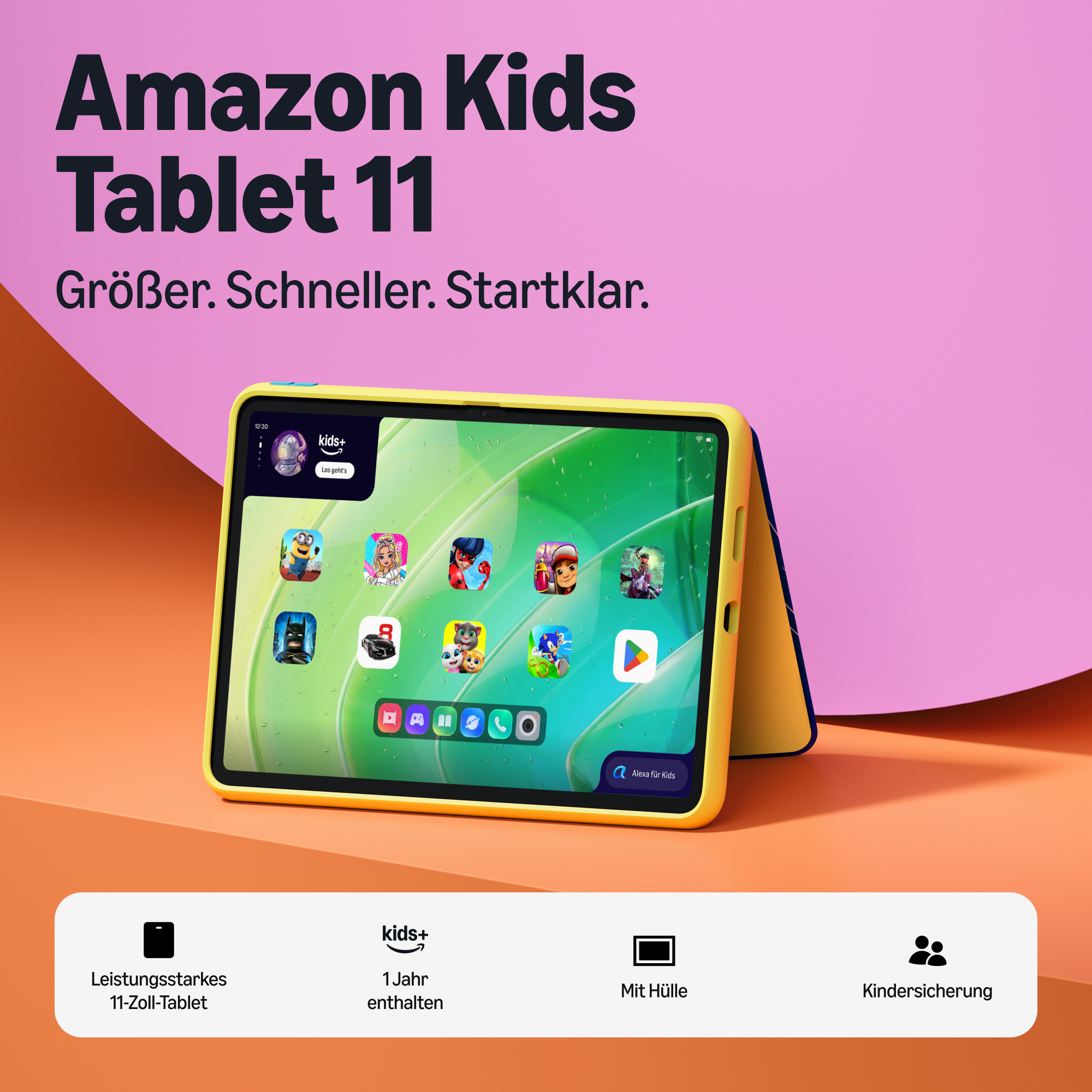 Ein gelbes Amazon Kids Tablet 11 auf einer orange-rosa Oberfläche vor einem bunten Hintergrund.