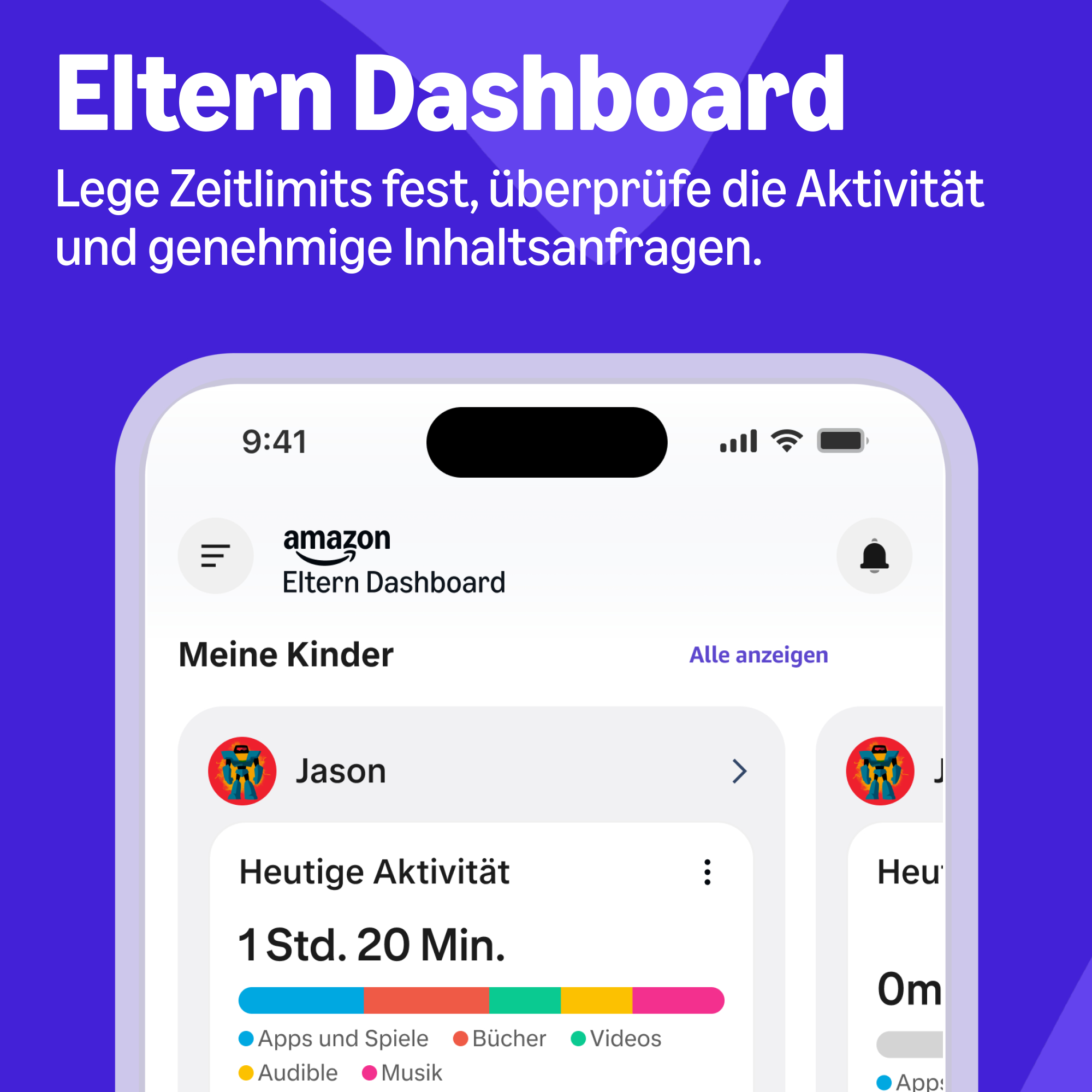 Ein Smartphone zeigt die Amazon Eltern Dashboard App mit Aktivitätsdaten auf blauem Hintergrund.