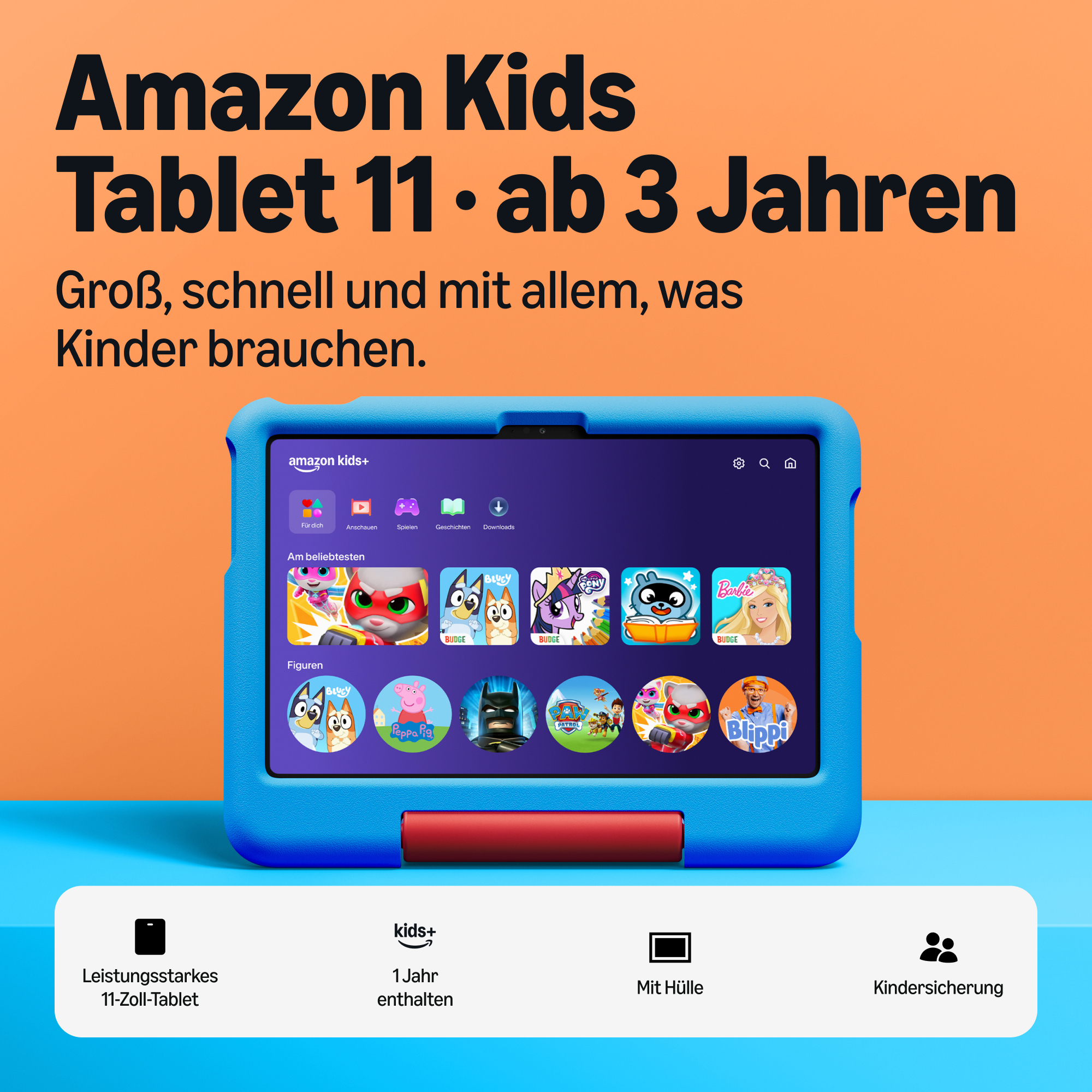 Ein blaues Amazon Kids Tablet mit bunten App-Icons auf dem Bildschirm und deutscher Werbung.