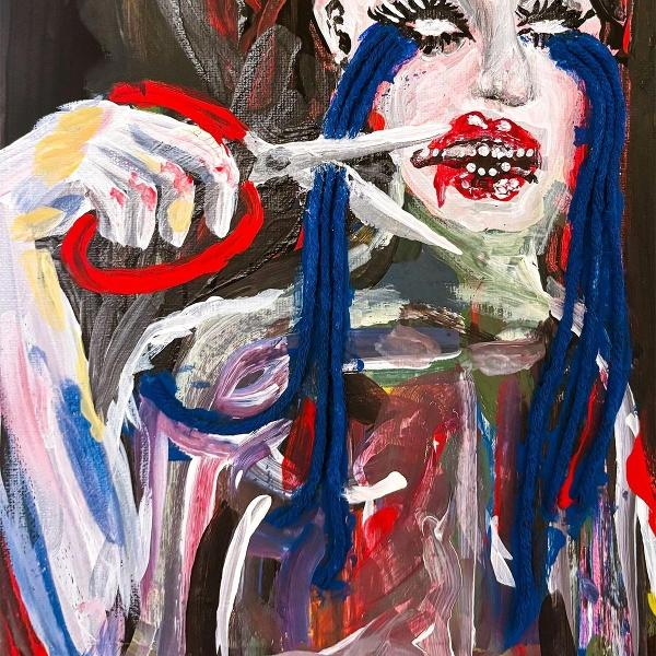 Ein expressionistisches Gemälde einer Figur mit roten Lippen, die mit einer Schere blauen Faden schneidet.