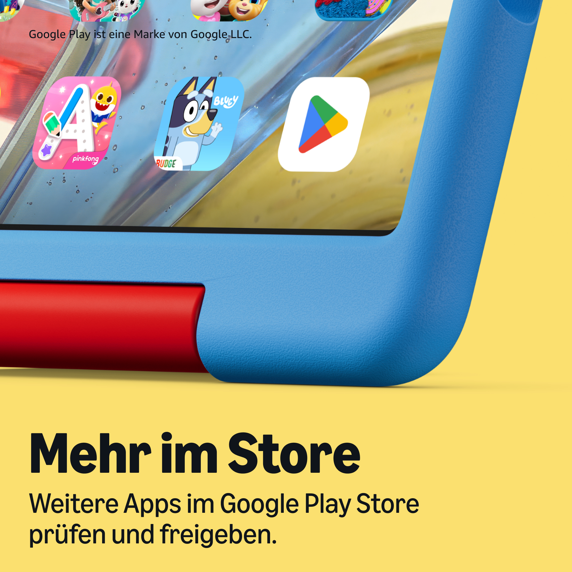Ein Tablet mit farbigen Kinder-Apps und Google Play Store auf gelbem Hintergrund mit deutschem Text.