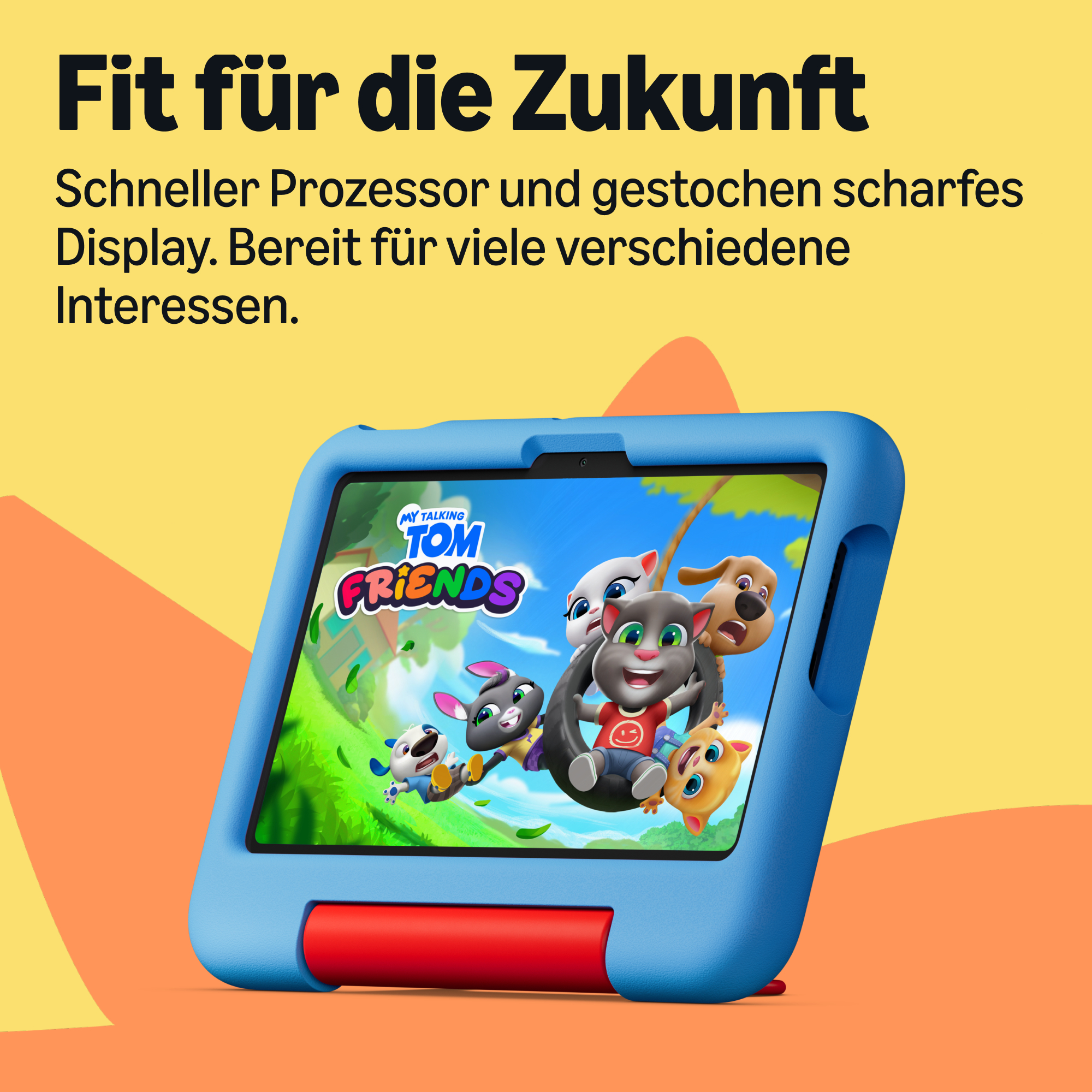 Tablet in blau-roter Hülle zeigt My Talking Tom Friends Spiel vor gelbem Hintergrund mit deutschem Werbetext.