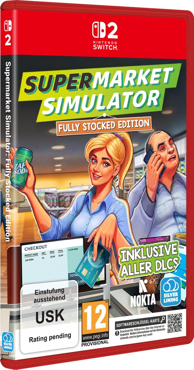 Supermarket Simulator Fully Stocked Edition Spielcover mit einer Kassiererin, einem Kunden und Supermarktregalen.