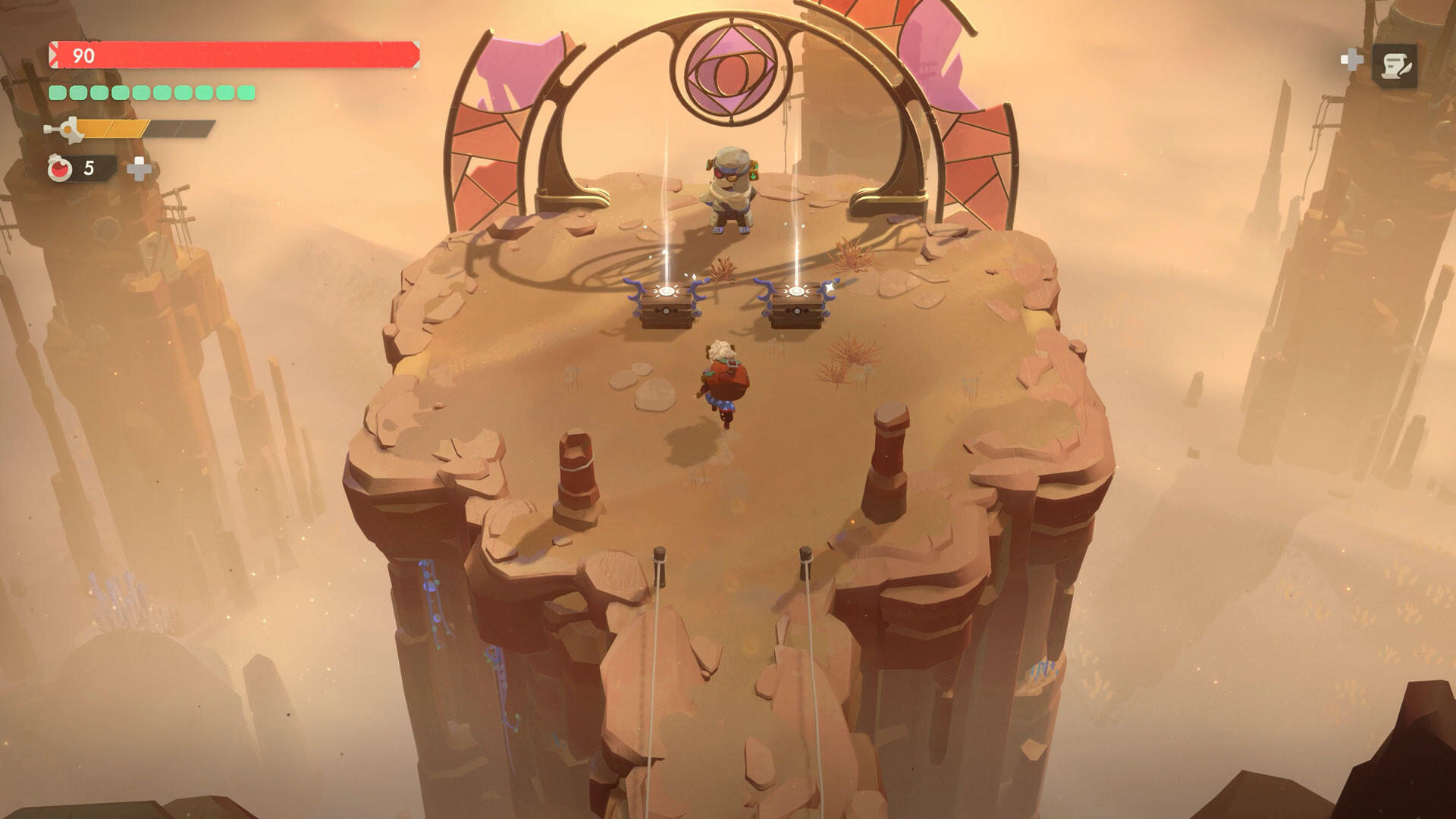 Ein Spielfigur steht auf einem felsigen Klippenplateau mit leuchtenden Truhen, einem verziertem Tor und einer Schlucht.