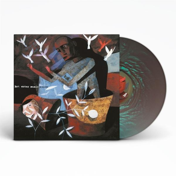 Ein surreales Gemälde zeigt gestrandete Figuren, Vögel und Pflanzen, begleitet von einer dunklen Vinylplatte.