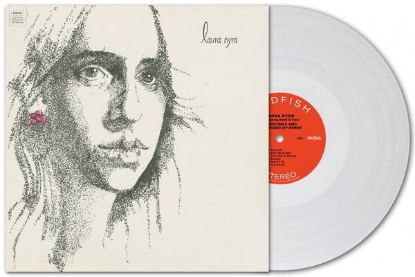 Laura Nyro Vinyl-Album Cover mit grafischem Porträt und weißer Schallplatte mit rotem Label.
