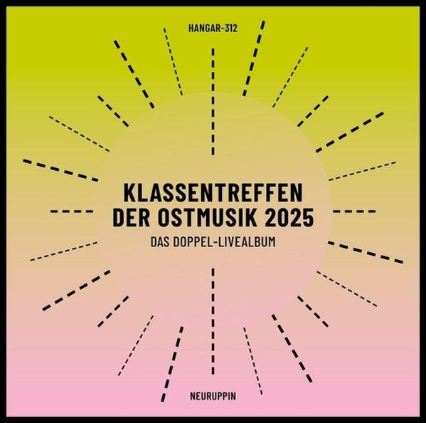 Albumcover mit gelb-rosa Farbverlauf, zentralem Kreis, gestrichelten Strahlen und schwarzem Text.
