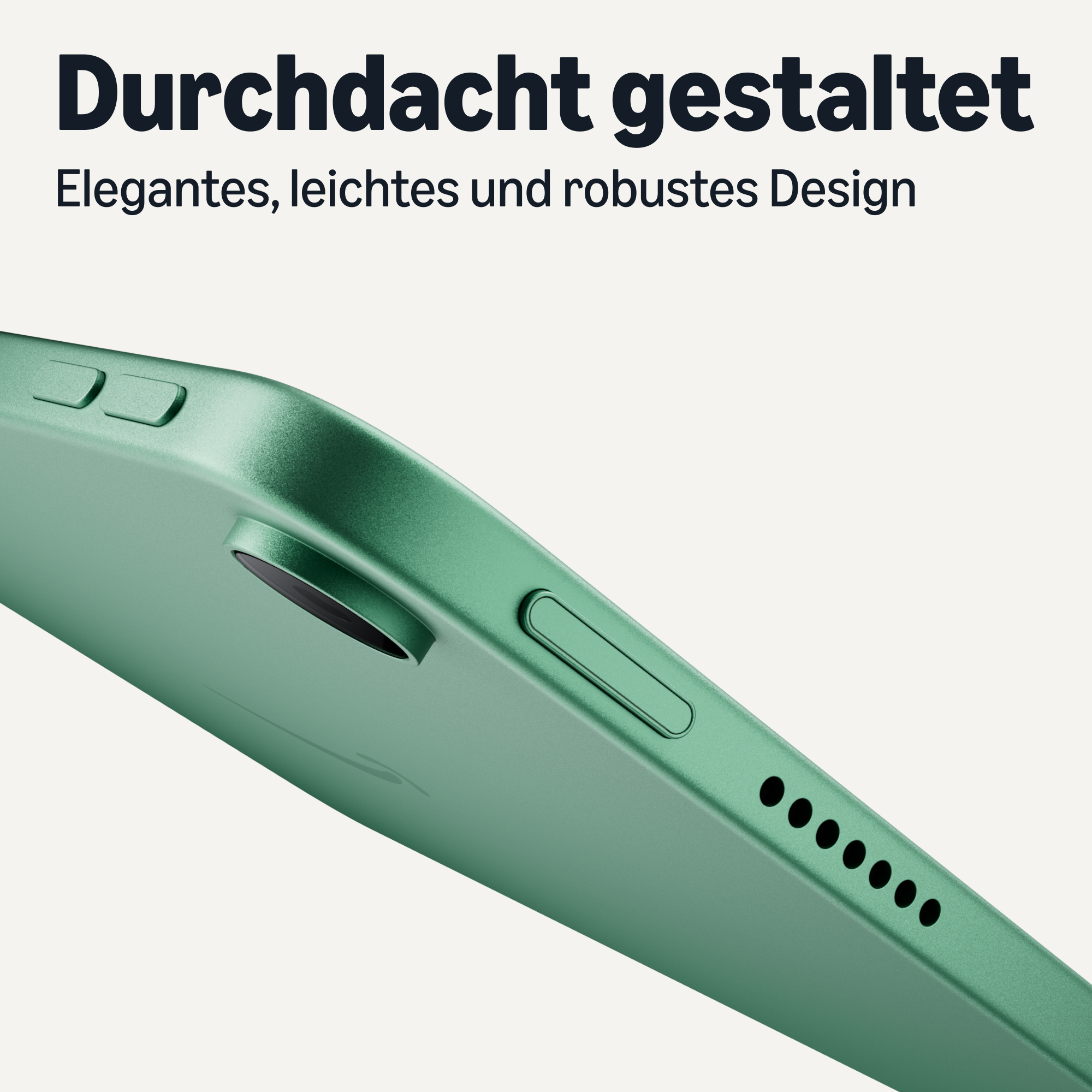 Nahaufnahme einer grünen Smartphone-Kante mit Tasten, Kameramodul und Lautsprecherlöchern vor hellem Hintergrund.