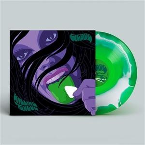 Ein Albumcover mit einem violetten Gesicht, das in ein grünes Plektrum beißt, neben einer grün-weißen Schallplatte.