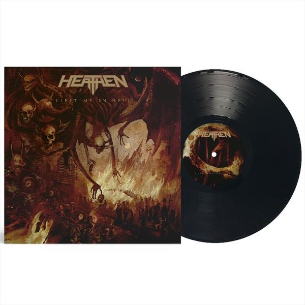Schallplatte und Albumcover mit einer dunklen, feurigen Hölle, dämonischen Figuren und Schädeln.