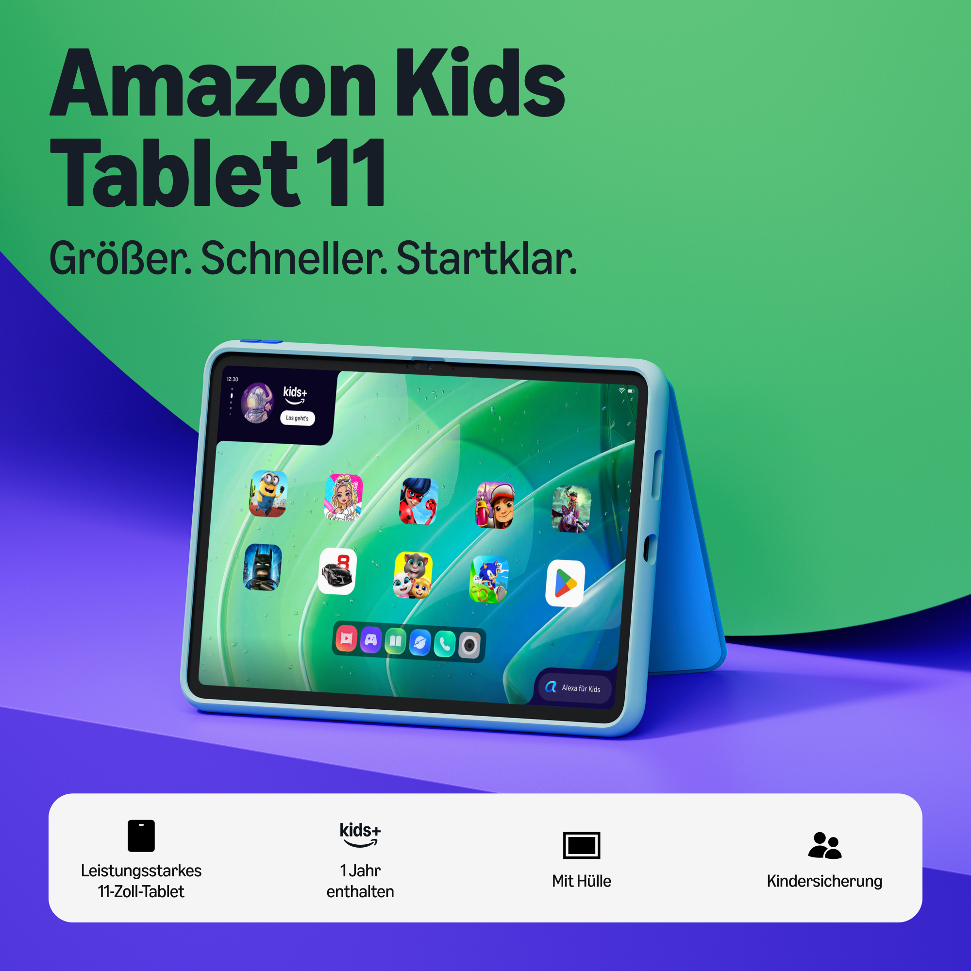 Ein blaues Amazon Kids Tablet 11 auf lila und grünem Hintergrund mit Symbolen für Apps und Funktionen.
