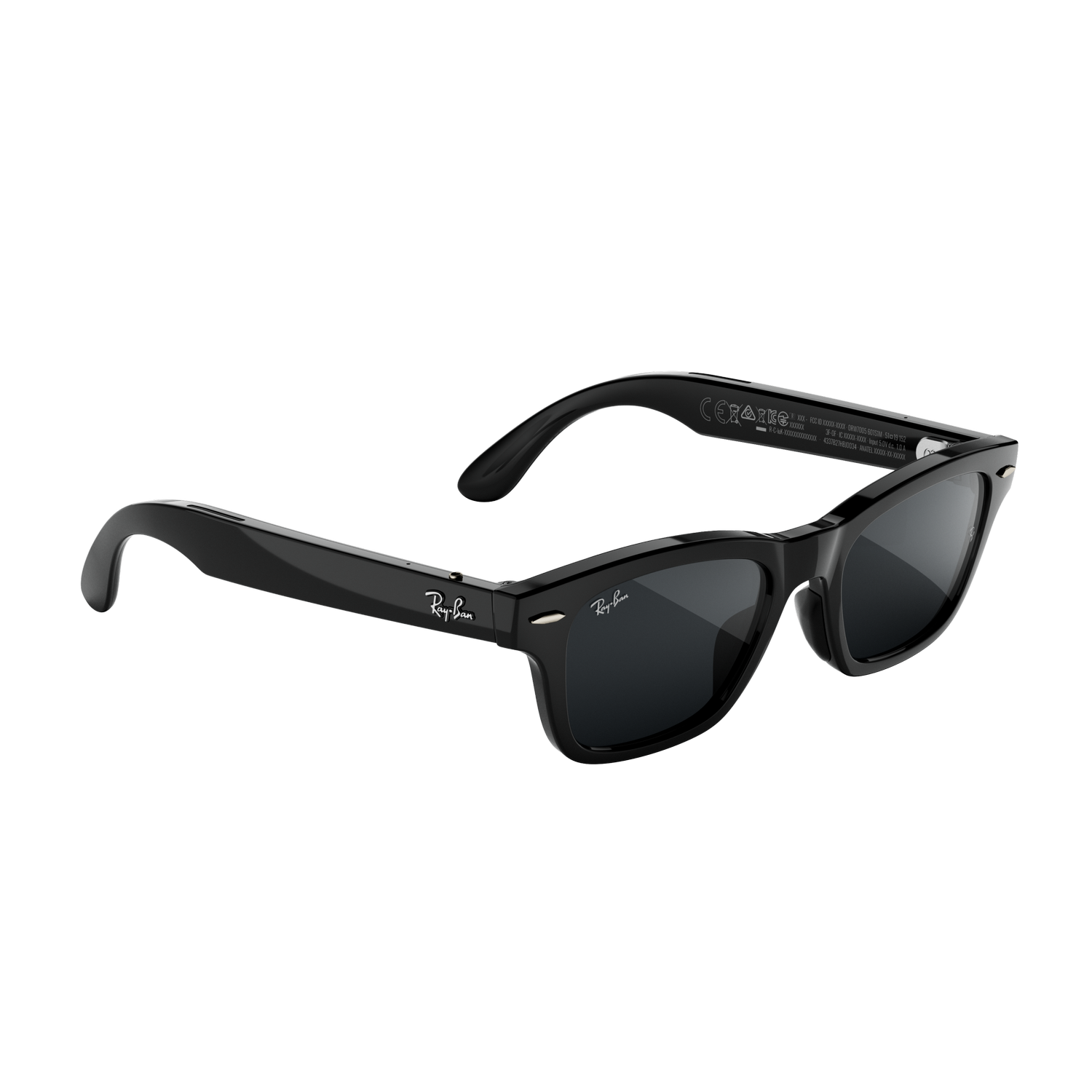 Gafas de sol Ray-Ban negras con montura gruesa y logotipo blanco en la patilla sobre fondo negro.