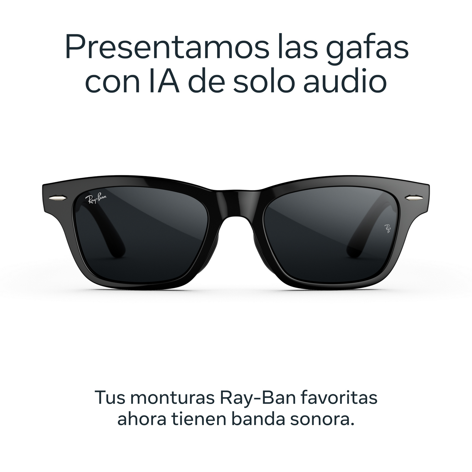 Gafas de sol Ray-Ban negras sobre fondo blanco con texto en español.