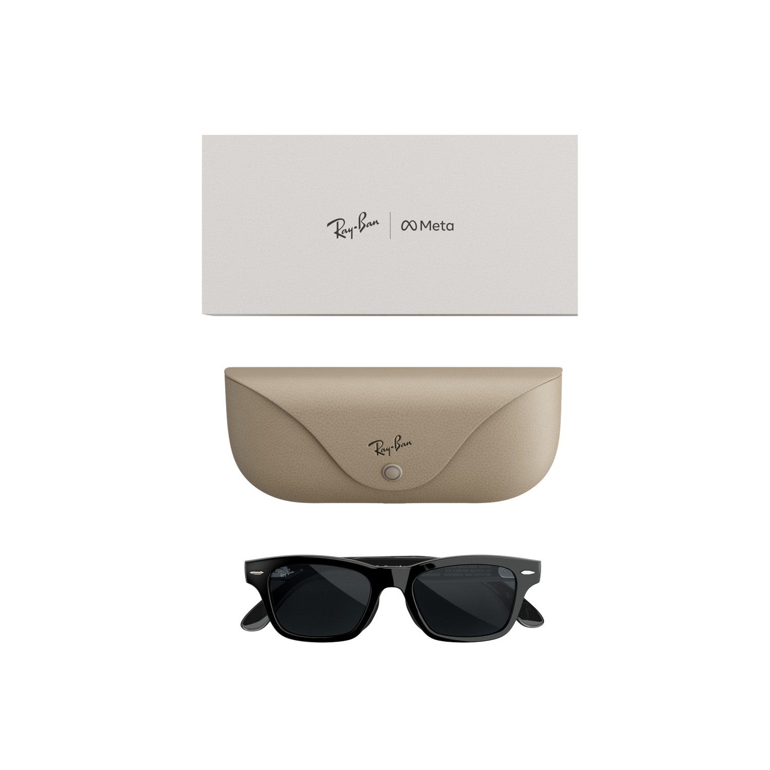 Gafas Ray-Ban Meta con estuche y caja blanca sobre fondo negro.
