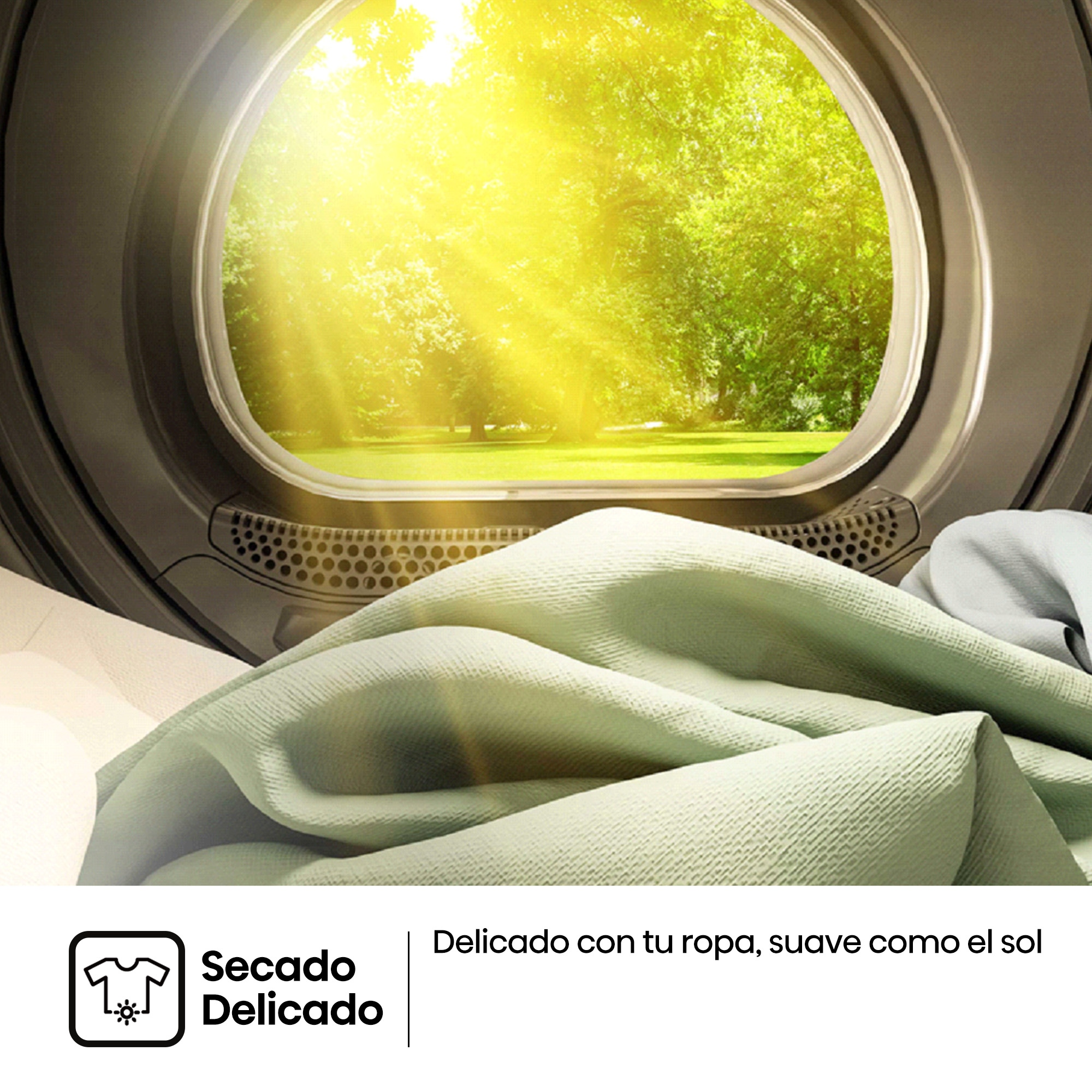 Una ventana de secadora muestra árboles verdes y luz solar sobre ropa doblada en primer plano.
