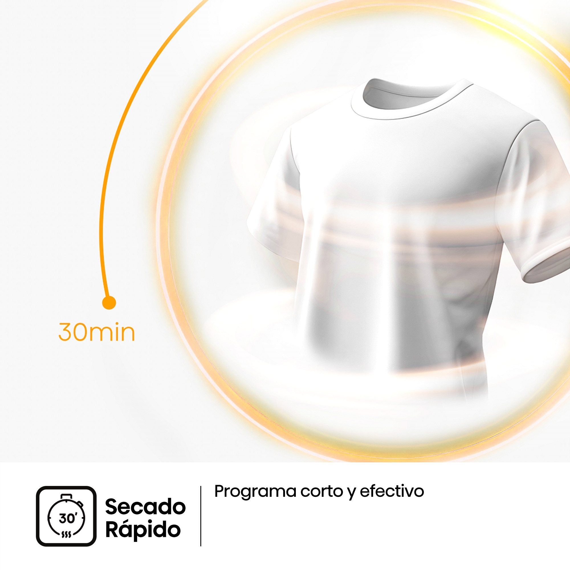 Una camiseta blanca dentro de un círculo de luz naranja, con el texto 30min y Secado Rápido.