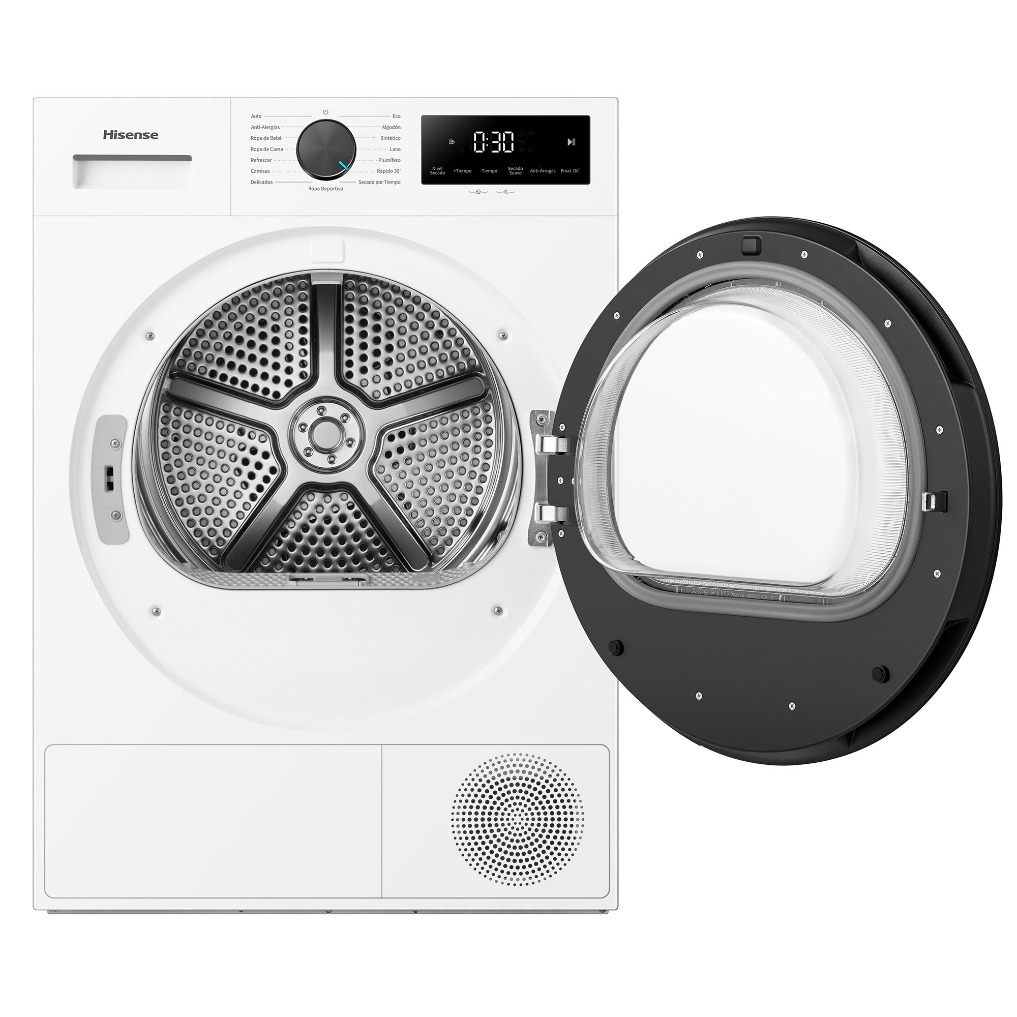 Secadora blanca Hisense con puerta negra abierta y tambor de acero inoxidable.