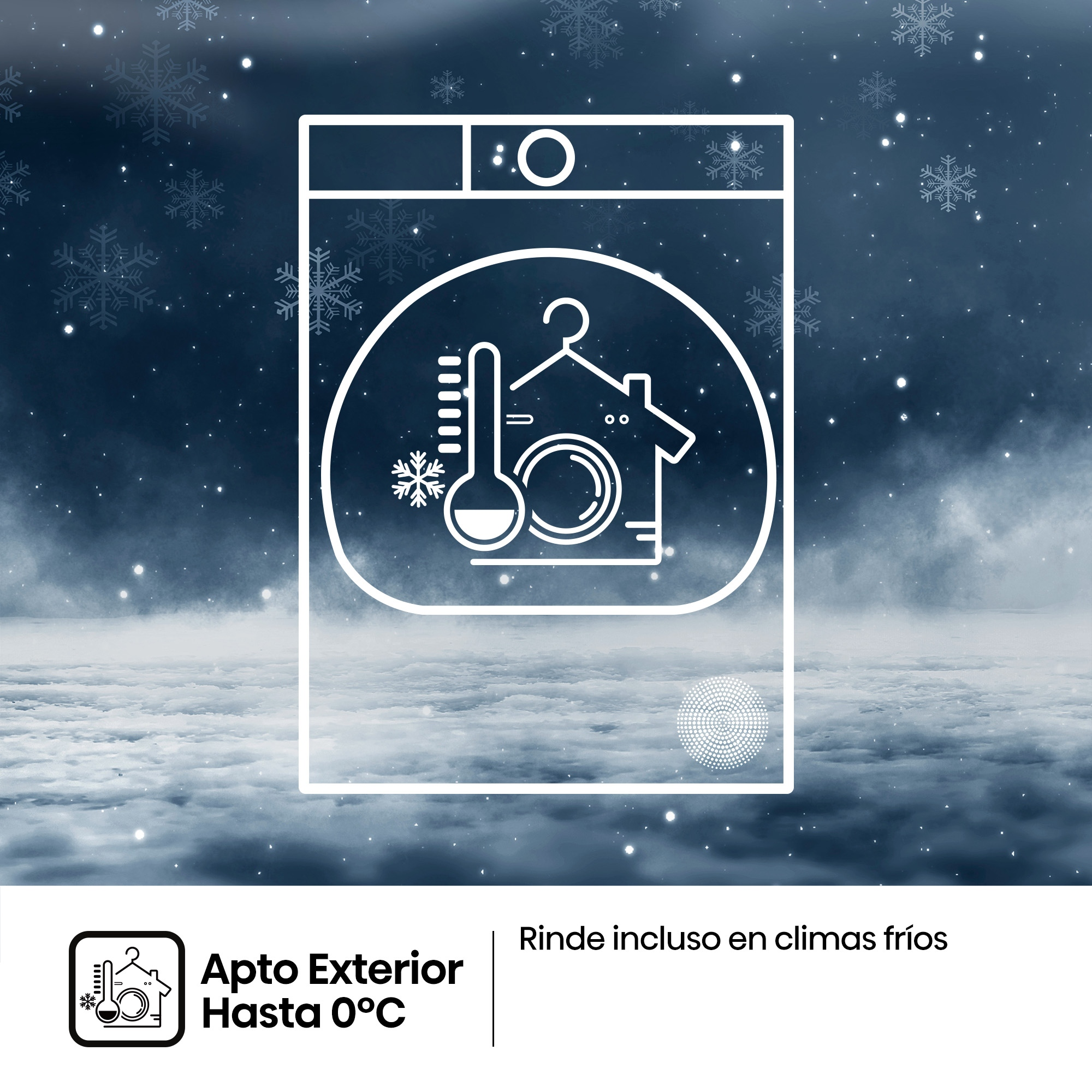 Contorno de lavadora con iconos de clima frío sobre un fondo de cielo nevado y texto.